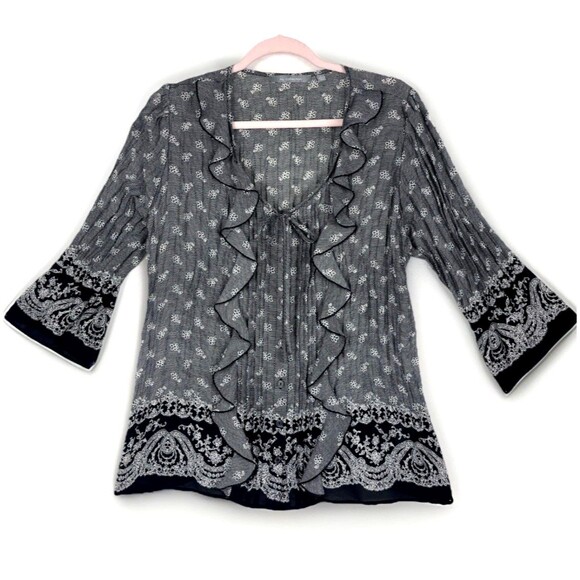 Sheer Gray Black Peasant Blouse Women’s SZ LG  Ruffles Petit Floral Boho Hippie - Picture 1 of 11